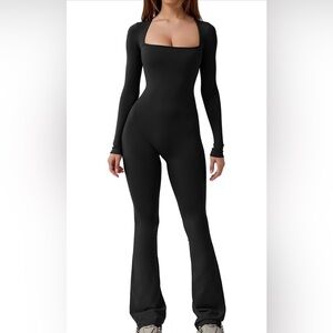 Black Square-Neck, Long Sleeve Jumpsuit with Flare Pant Leg
